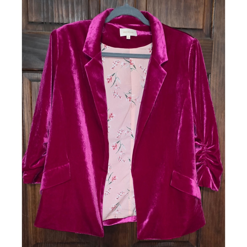 Anthropologie Skies Are Blue Magenta Velvet Ruched Sleeve Floral Lined Blazer